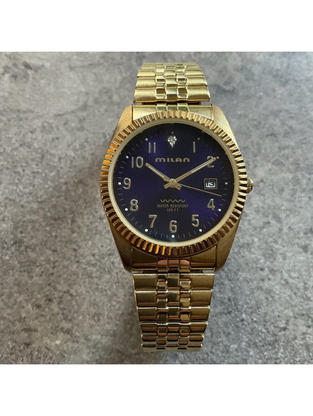 Vintage Mens Milan Watch 36mm Gold Tone Case/Band Dark Blue Dial W/Date Bin M